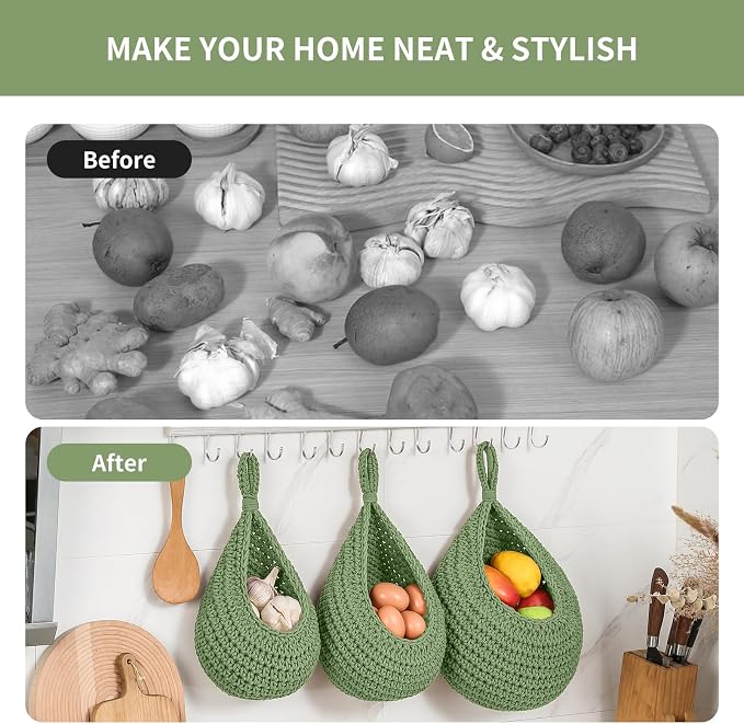 Boho Wall Hanging Fruit Baskets for Kitchen 3 Pack Woven Produce Holder with 6 Pcs Strong Hooks Vegetable Hanging Basket for Organizing Teardrop Home Wall Potato Onion Storage, Green