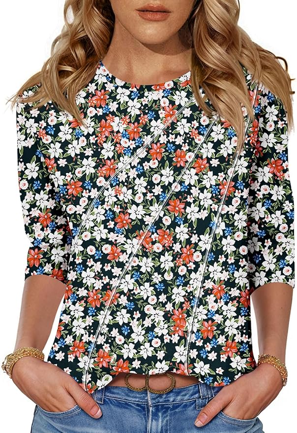 LOMON 3/4 Length Sleeve Womens Tops Spring Summer Fashion 2026 Tops Crew Neck Pleated Shirts Tunic Top Loose Fit