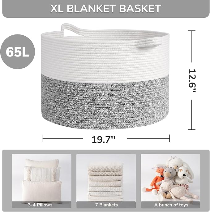 INDRESSME Large Woven Rope Blanket Basket Living Room Light Grey, 65L | 19.7" x 12.6" Storage baskets for laundry, toys & pillows. For living room, bedroom or nursery decor. soft-touch, gift basket