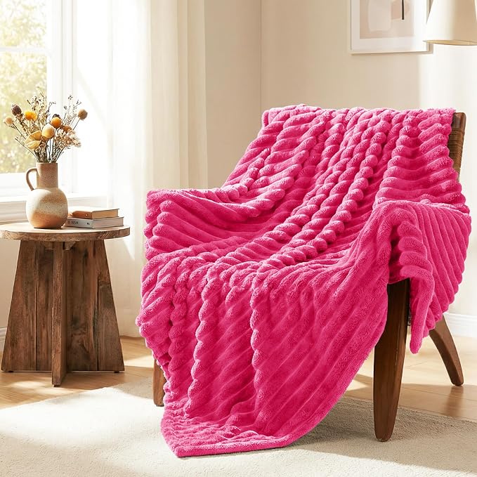 HIMEET Hot Pink Full Size Blanket for Bed, 300GSM Ribbed Fleece, 84 x 90 in | Ultra Soft Flannel, All-Season Lightweight Warmth, Bed Layering & Home Room Decor, Gift for Men & Women, Machine Washable