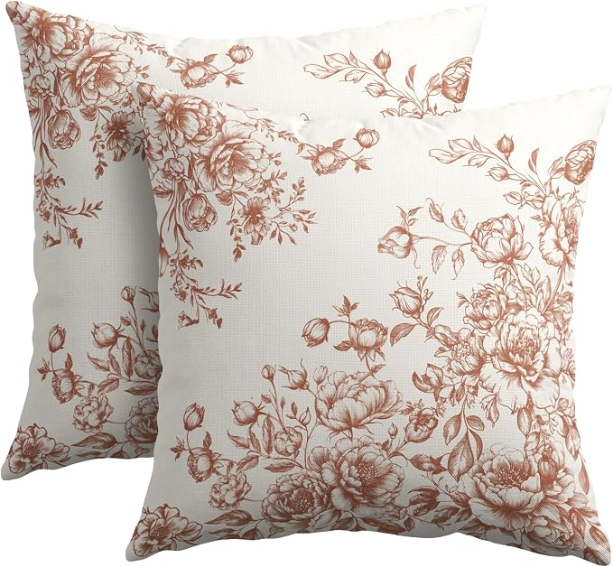 Kawani Brown White Floral Pillow Covers 20x20 Set of 2 Vintage Chinoiserie Flowers Print Decorative Square Pillow Cases Cotton Linen Cushion Cover for Bedroom Sofa Couch Home Decor