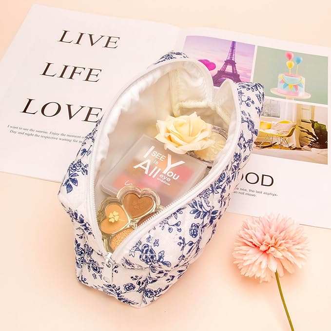 PAZIMIIK Small Quilted Makeup Bag,Zipper Cosmetic Pouch,Jouy Blue,2 Pack | Lightweight Cosmetic Bag Organizer for Women,Purse Storage Holds Makeup,Toiletries,Skincare,Beauty Essentials,Travel Items