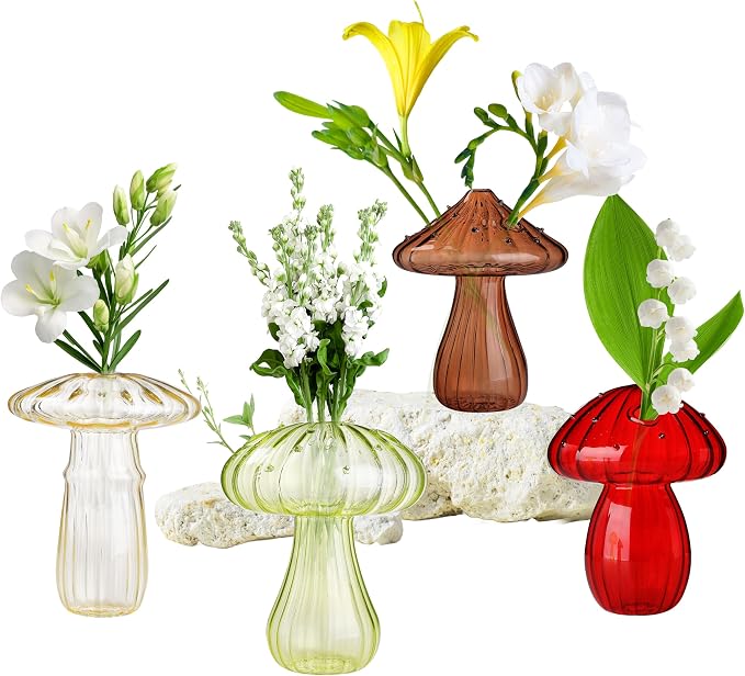 4 PCS Mushroom Shaped Glass Vase, Planters Clear Hydroponic Vase, Flowers Plants for Decorative Centerpiece,Table Decor,Home Wedding Party (4 Color)