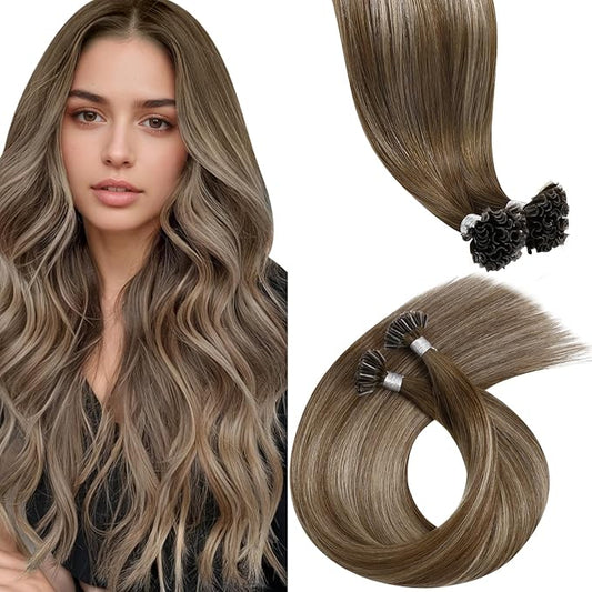 LaaVoo K Tip Hair Extensions Real Human Hair U Tip Hair Extensions Light Brown Mix Dark Golden Blonde Ktip Human Hair Extension Ombre Brown Hot Fusion Blonde 18 inch 50g/50s