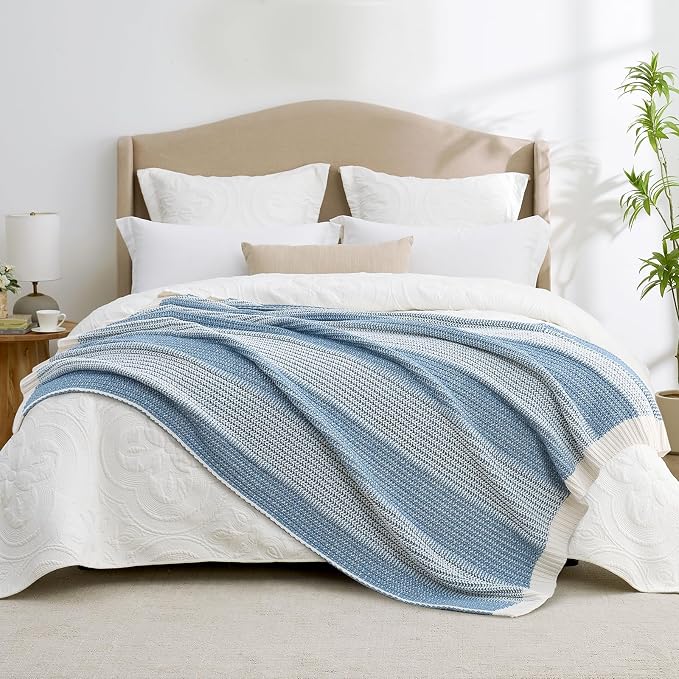 Premium Chenille Throw Blanket, Blue Ivory, 60"x80" | Soft Cozy Decorative Knit, Textured Two-Tone, Lightweight Warm, For Couch, Sofa, Bed, Living Room