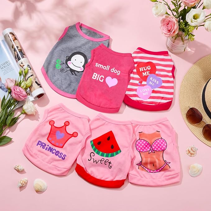 6 Pieces Dog Shirt Puppy Sweatshirt Pet Sleeveless Vest Dog Clothes Doggy Female Apparel for Small to Medium Dogs Puppy Cat(Cute Patterns,M Size)