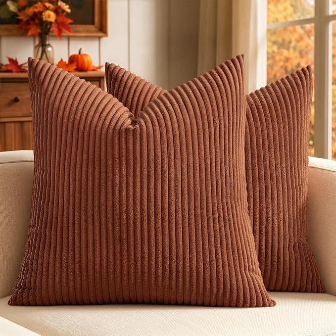 MIULEE Fall Soft Corduroy Throw Pillow Covers Set of 2 20x20 Dark Rust | Decorative Striped Textured Cushion Cases, Boho Rustic Square Pillowcases, Home Decor for Couch Chair Sofa Bed Living Room