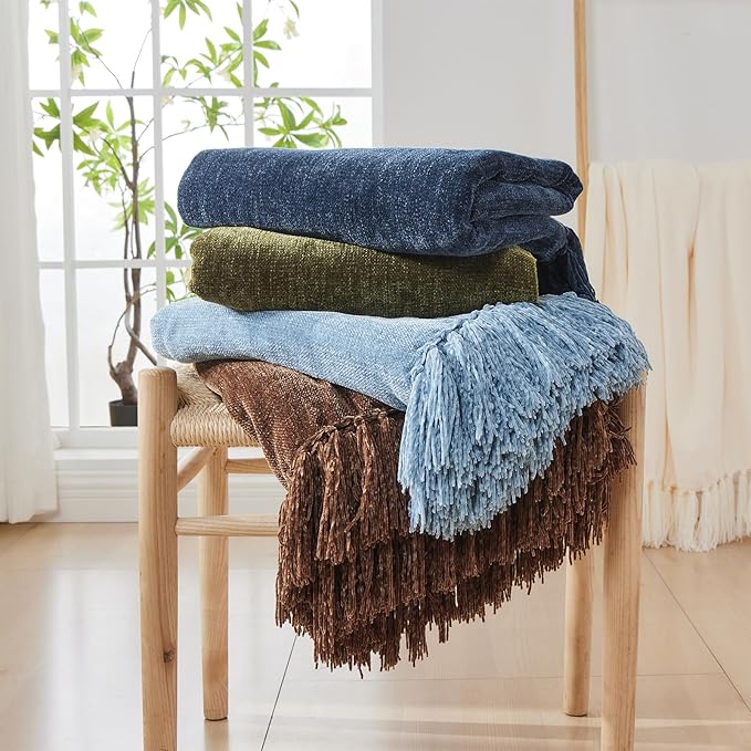 CozeCube Chenille Throw Blanket, Dusty Blue Fringe Blanket, 60"X80" | For Couch, Cozy Plush Fuzzy Decorative Blanket with Fringe Tassels, Lightweight Throws for Bed Sofa Gift Home Decor