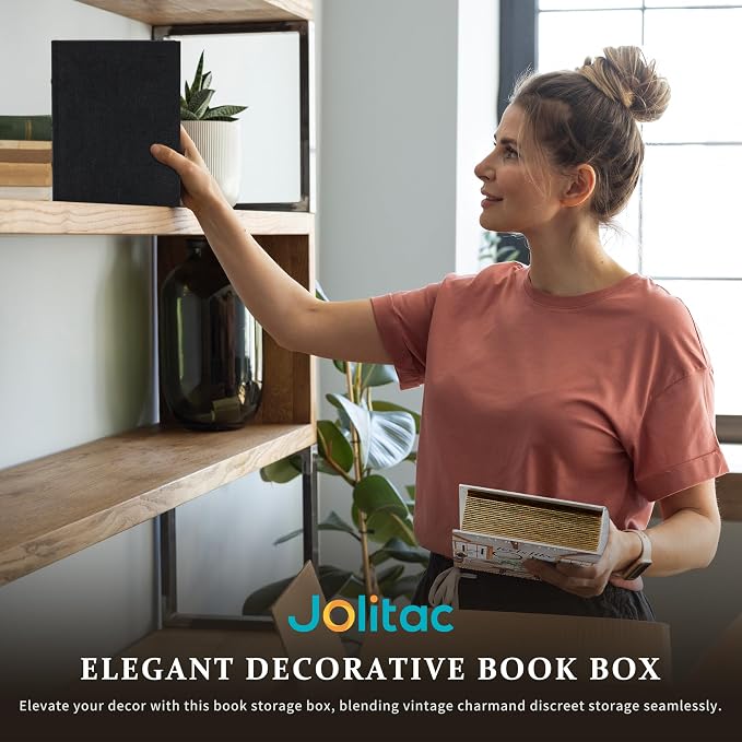 Jolitac Decorative Book Boxes, Faux Linen & Wood, Set of 3 | Stackable hidden storage containers, handcrafted, for coffee table, shelf decor, remotes & jewelry