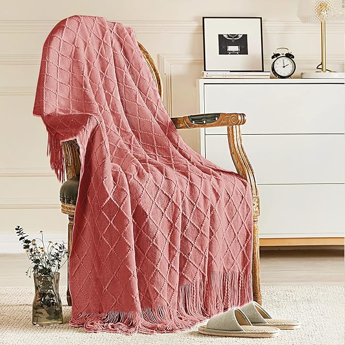 inhand Coral Pink Knitted Throw Blanket for Couch and Bed, 50"x60" | Gifts for Mom from Daughter Son, Soft Lightweight with Tassel, Farmhouse Warm Decorative Blanket for Women, Cozy Knit