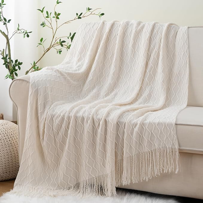 BATTILO HOME Ivory White Throw Blankets for Couch, Off White Lightweight Decorative Blankets and Throws, Boho Warm Knit Blanket for Men and Women, 50"x60"