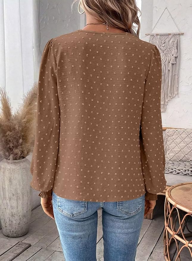 Womens Tops Swiss Dot Boho Long Sleeve Shirts V Neck Casual Chiffon Blouses Flowy Lace Hem Cute Clothing Trendy 2026