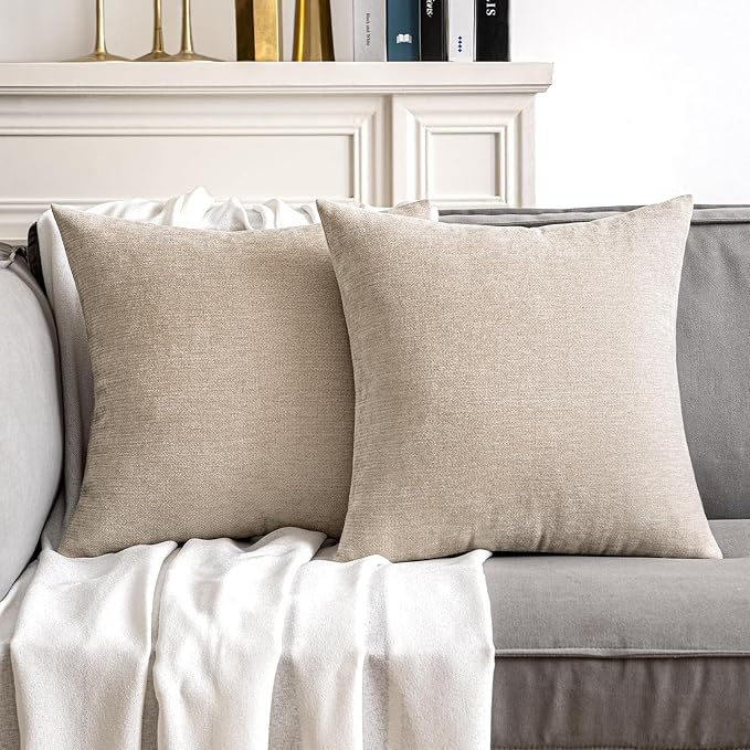 MIULEE Pack of 2 Beige Decorative Pillow Covers 20x20 Inch | Soft Chenille Couch Throw Pillows Farmhouse Cushion Covers for Home Decor Sofa Bedroom Living Room