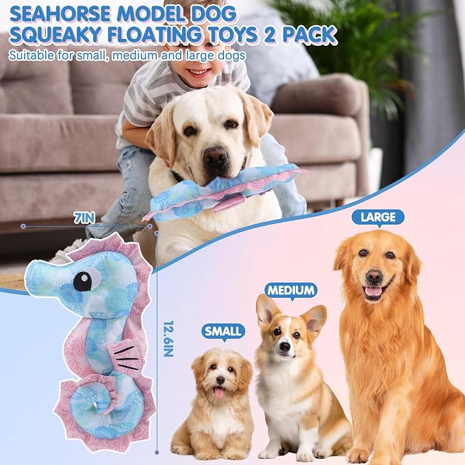 BINGPET Floating Dog Toys, 2 Pack Squeaky Water Toys for Pool, Seahorse