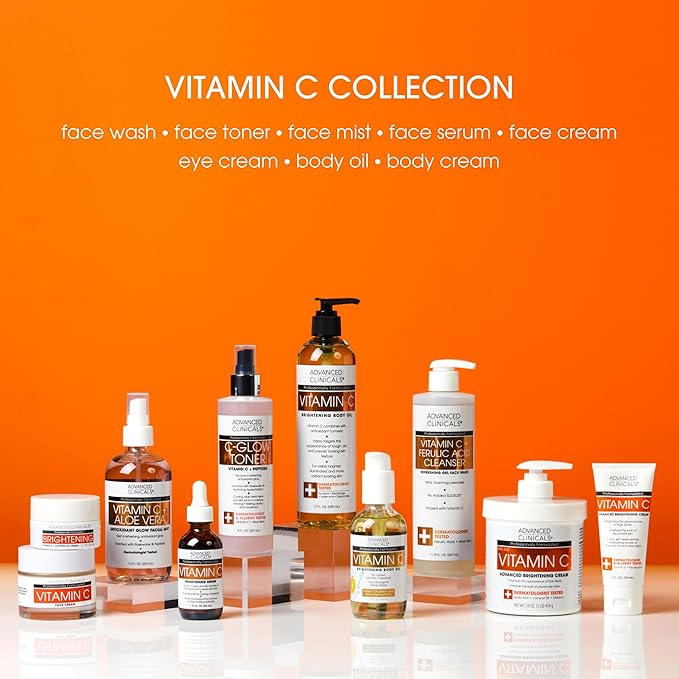 Advanced Clinicals Vitamin C Glow Facial Mist Toner for Face W/Rosewater, Ferulic Acid, & Peptides. Vitamin C Antioxidant Moisturizer Face Mist Provides Instant Skin Hydration, Non-Greasy, 8 Fl Oz