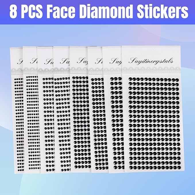 8 Sheets Rhinestone Stickers，3584 Pcs Gem Stickers for DIY Face Eyes Makeup Hair（Black-3/4/5/6mm）