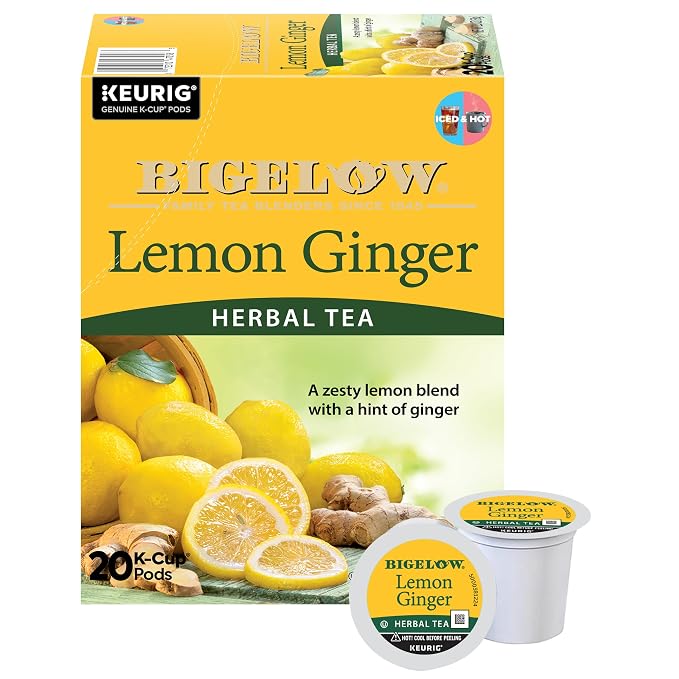 Bigelow Tea Lemon Ginger Herbal Tea Keurig K-Cups Pods, Caffeine Free Tea Keurig Tea Pods, 20 Count Box (Pack of 1), 20 Total K-Cups Pods