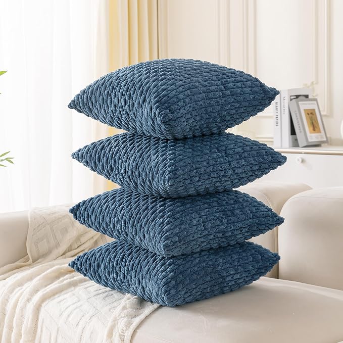 Set of 4 Blue Decorative Throw Pillow Covers 18x18 Inch Corduroy Pillow Covers for Bed Couch Sofa Living Room Soft Square Cushion Cases