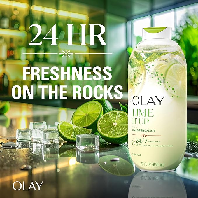 Olay Body Wash for Women, 24/7 Skin-Loving Freshness, Miami Mocktails, Plant Based Cleansers, Vitamin B3 & Antioxidant Blend, For All Skin Types, Lime It Up with Lime & Bergamot Scent, 22 fl oz