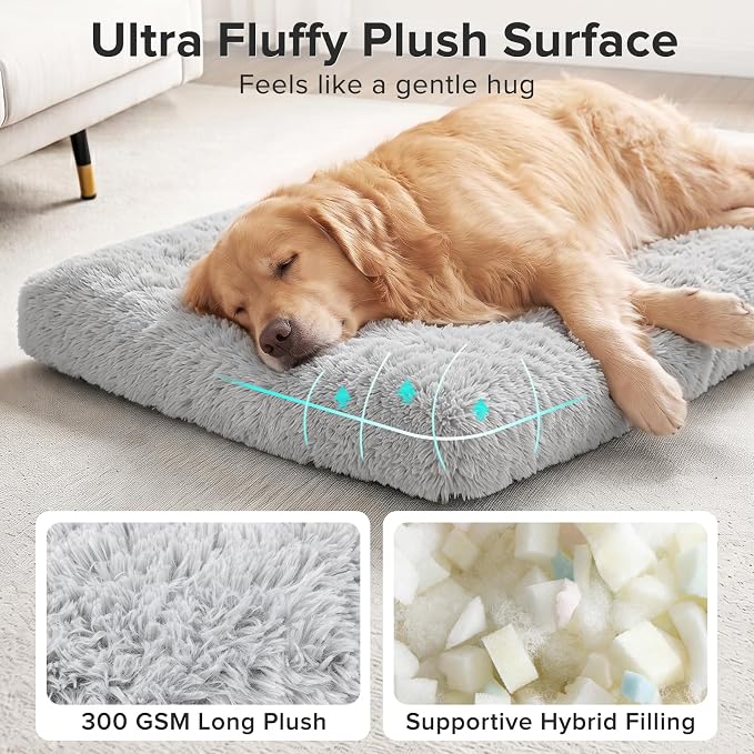 JOEJOY Dog Bed Crate Pad, Deluxe Plush Washable Dog Beds Fulffy Soft Kennel Pad Anti-Slip Pet Sleeping Mat for Small Dogs, 23" x 18", Grey