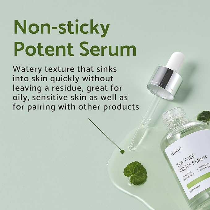 IUNIK Tea Tree Relief Vegan Serum for Acne-Prone Skin - Non-Sticky & Lightweight Facial Ampoule with Centella Asiatica for Soothing, Calming, and Balancing - Korean Skincare 1.7 Fl Oz