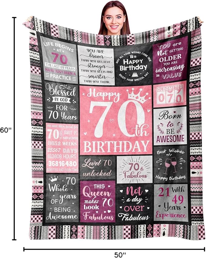 Ivivis 70th Birthday Gifts for Women, Happy 70th Birthday Decorations, 1956 Birthday Gifts for 70 Year Old Woman, Soft Flannel Pink Throw Blanket 60”X50”