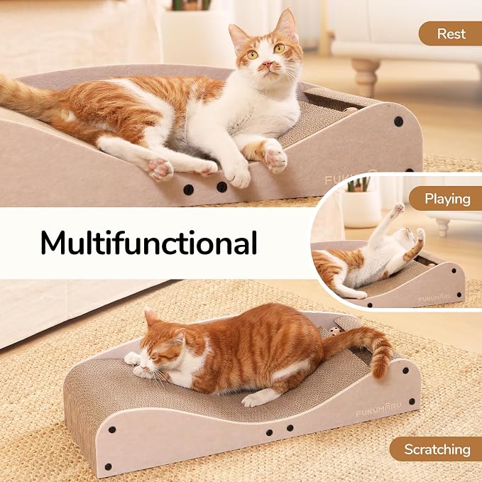 FUKUMARU Cardboard Cat Scratcher Bed, Extra Large 29.1 Inch Cat Scratch Pad | Cat Scratching Bed Couch Indoor, Natural Felt Multifunctional, Horizontal Kitten Scratch Bed Lounger With Ball Toy, Camel