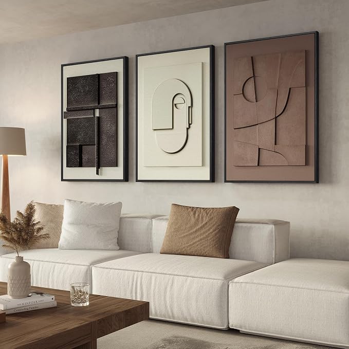 3D Large Framed Brown Abstract Wall Art for Living Room, 3Piece 24x36 In | Solid Wood Frames, Sandstone Textured Artwork for Walls, Black White Geometric Sculptural Pictures Wall Decor Bedroom Office