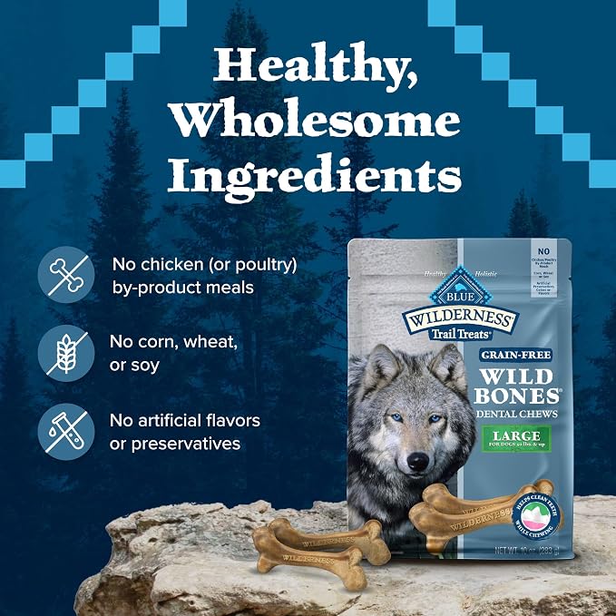 Blue Buffalo Wilderness Trail Treats Wild Bones Large Dental Chews, Grain-Free Dog Bones for Large Dogs Made with Natural Ingredients, 10-oz Bag (Pack of 6)