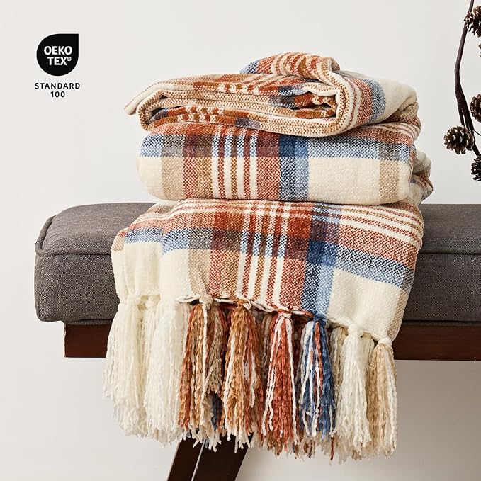 Plaid Chenille Fall Throw Blanket, 50"x60", Harvest Plaid | Super Soft Knit Throw with Tassels, Cozy, Decorative Rustic Farmhouse Decor for Autumn, Ideal for Couch Bed Sofa Gift