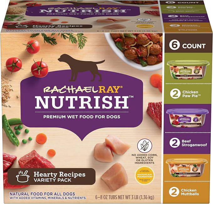 Nutrish Hearty Recipes Wet Dog Food Variety Pack, 8 oz. Tubs (Rachael Ray) | Contains 2 Packs of 6 Tubs, Includes 3 Delicious Flavors of Chicken Paw Pie, Beef Stroganwoof & Chicken Muttballs