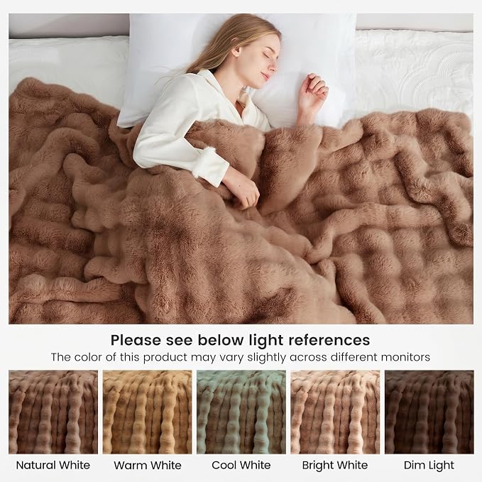Cozy Bliss Faux Fur Throw Blanket for Couch, Fuzzy Soft Plush Thick Bubble Blanket for Sofa Bedroom Living Room, 50 * 60 Inches Light Brown