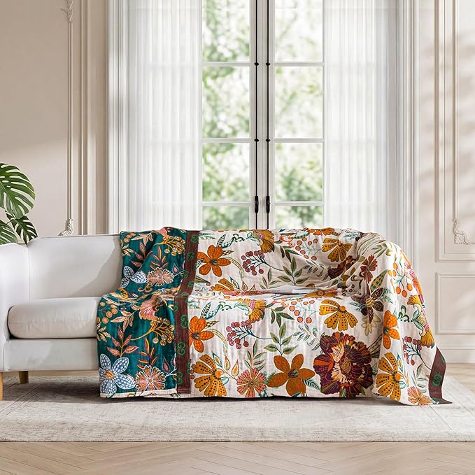 LUTBM Boho Throw Blanket for Bed 60"x80", 100% Cotton Cozy Couch Blankets | Reversible Floral Leave Jacquard, All-Season Twin Quilt, For Chair Sofa Living Room Decor, Lightweight Breathable, Home Decor