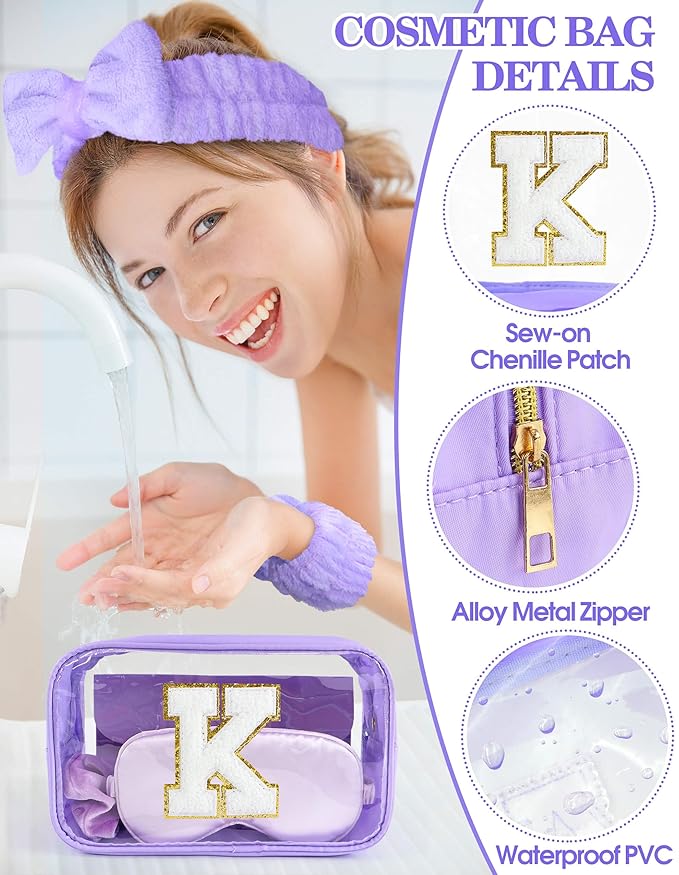 Gift Sets for Women, Initial Makeup Bag with Makeup Brush Set Bachelorette Party Favors, Purple Spa Kit with Skincare Headbands Wrist Bands Sleepover Party Supplies Gifts for Teen Girls Bridesmaid K