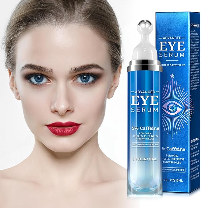 Advanced Eye Serum with 5% Caffeine & Retinol Hyaluronic Acid Niacinamide Eye Treatment Cream for Puffy Bags Dark Circles Fine Lines Under Eyes Serum with 360°Massage Roller Ball 15ML/0.5 fl.oz