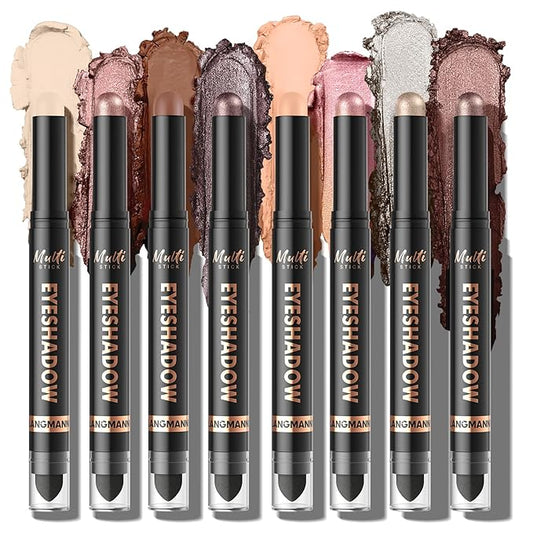 LANGMANNI 8Colors Dual-Ended Cream Eyeshadow Stick Set – Silky Smooth, Waterproof & Transfer-Proof, Built-in Blender Brush, All-Day Matte & Shimmer Wear Eye Makeup(#A)