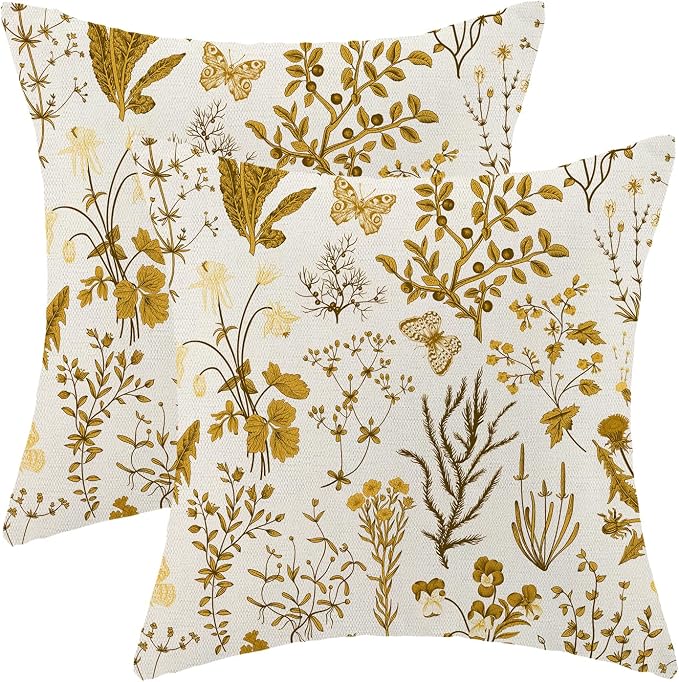 AEIOAE Summer Pillow Covers 22x22 Inch Set of 2,Mustard Yellow Wild Flower Plant Throw Pillows Case,Seasonal Floral Outdoor Decorative Square Linen Farmhouse Decor Cushion Covers for Home Couch