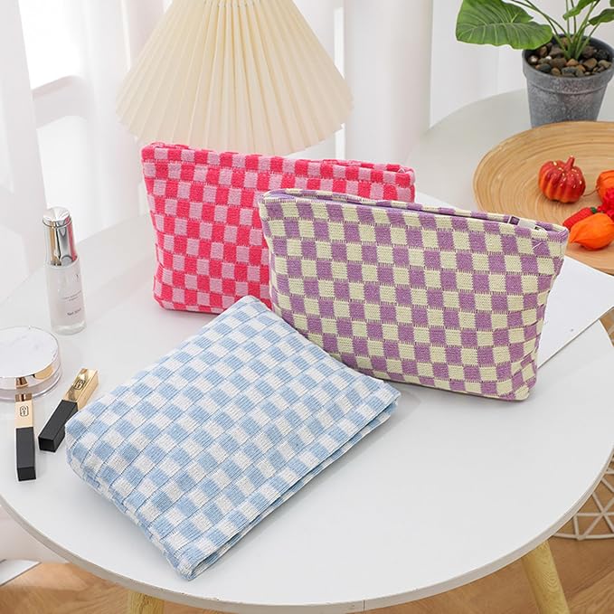 Cosmetic Bags for Women - Corduroy Cosmetic Bag Aesthetic Women Handbags Purses Smile Dots Makeup Organizer Storage Makeup Bag Girls Case Bags (Q-Checkered Orange pink)