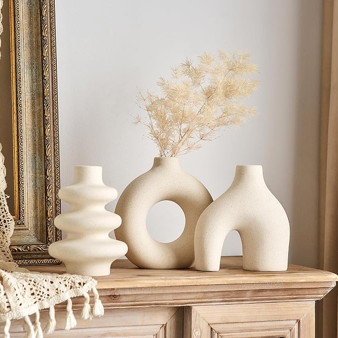 White Ceramic Vase Set of 3, Small Flower Vases for Pampas Grass | Modern Boho Vase for Decor, Round White Vases Centerpieces for Wedding Living Room Bedroom Coffee Table Dinner Table