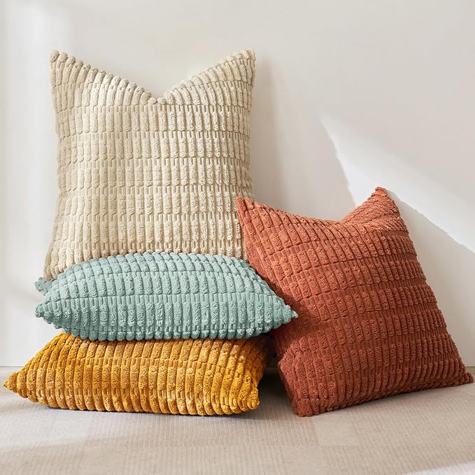 MIULEE Pack of 4 Corduroy Decorative Throw Pillow Covers 18x18 Orange Teal | Neutral Rustic Farmhouse Boho Soft Striped Pillow Covers,Home Decor for Sofa,Living Room,Couch,Bed