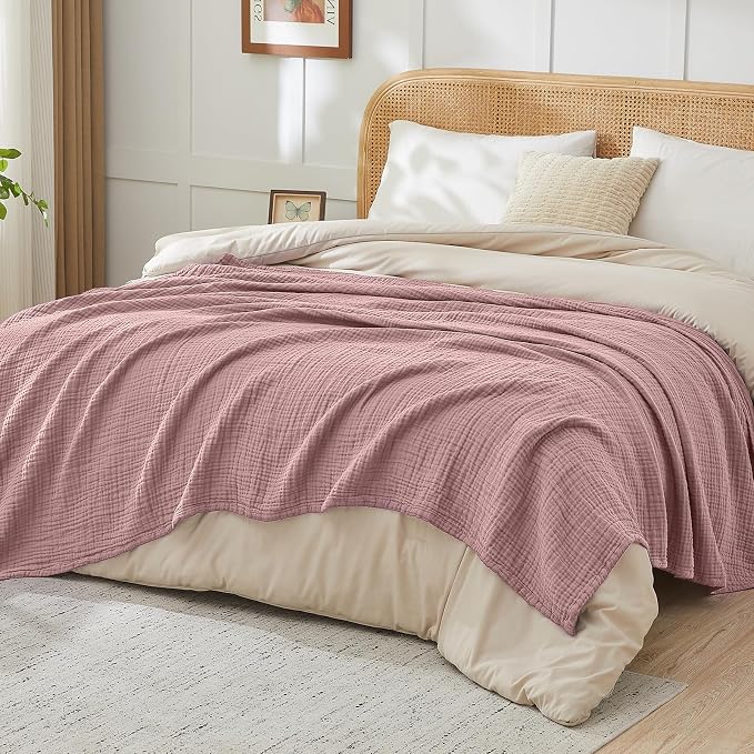 EMME Muslin Blankets for Adults Throw Blanket for Couch Breathable Gauze Soft Lightweight Airy Dusty Pink Throw XL 50" x 71"