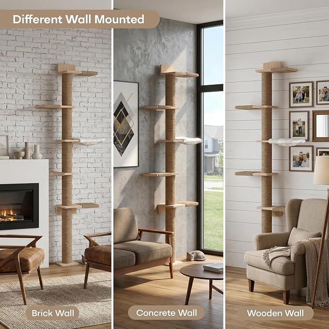 Tall Cat Tree, 5 Tier Floor Cats Tower, Wall-Mounted Kitten Sisal Scratching Post, with Cozy Hammock, Suitable for Climb, Scratch, Lookout and Play (Wall-Mounted)