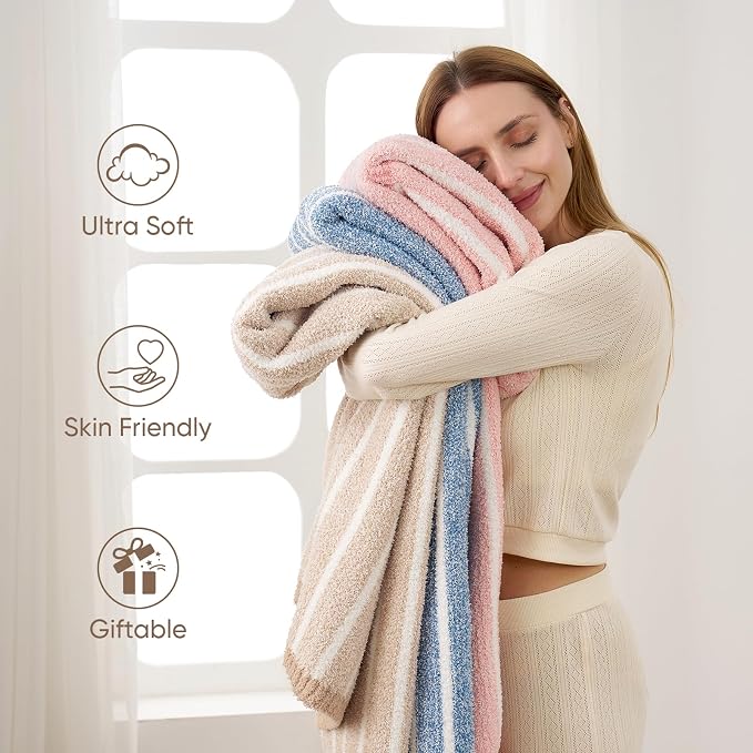 Snuggle Sac Ultra Soft Beige Throw Blanket for Couch, Reversible Cozy Knitted Ribbed Blanket for Sofa, Bed, Home Decor 50"x60"