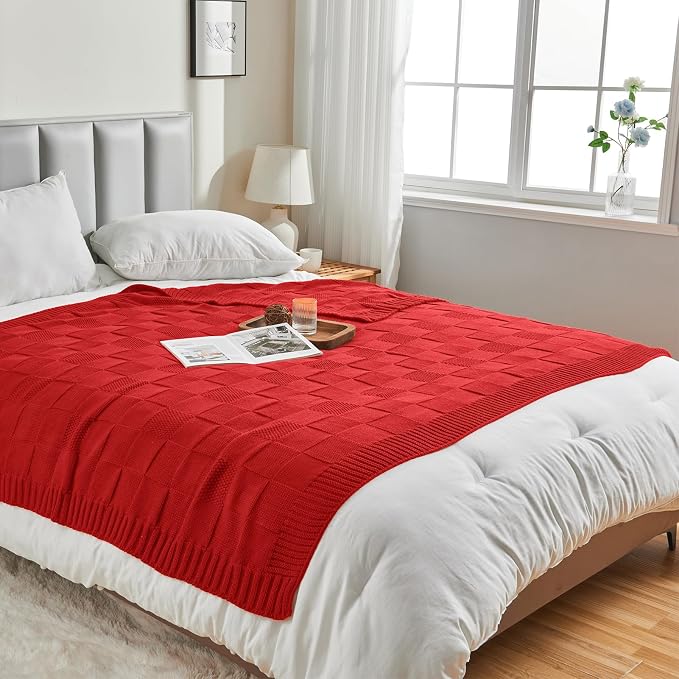 CozeCube Christmas Red Knitted Checkered Throw Blanket 60"X80" | Check Knit Throw for Couch, Decorative Christmas Soft Cozy Warm Blanket for Bed Sofa Living Room