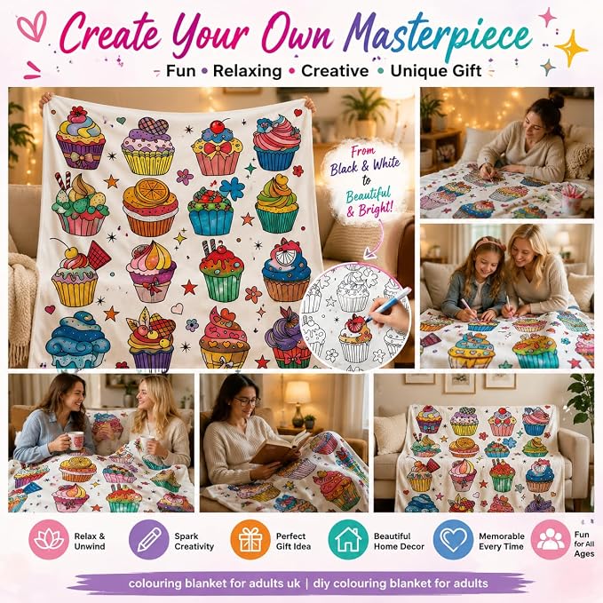 VEELU DIY Cupcake Coloring Blankets with 24 Colors Markers for Adults | Color In Your Own Blankets With 24 Colors Markers, Snuggle Color Sketch Washable Blankets Kit Home Decor