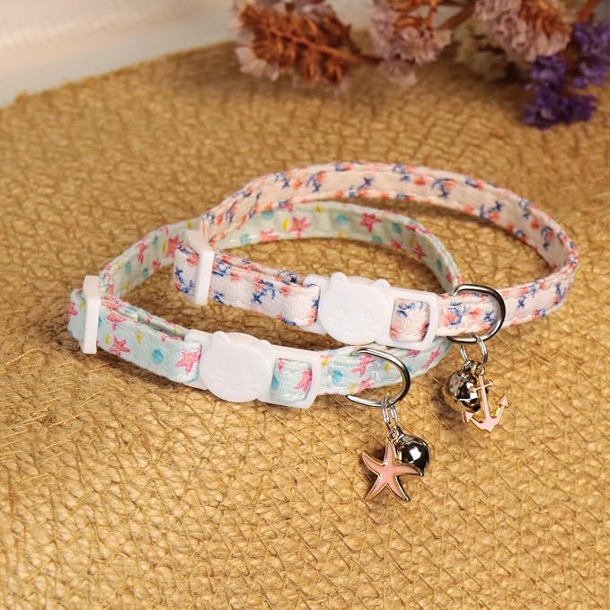 Cat Collars for Girl Cats & Boys, 2 Pack Soft Cotton Breakaway Collar with Removable Bell and Cute Charms, Adjustable Safety Pet Necklace, Ocean