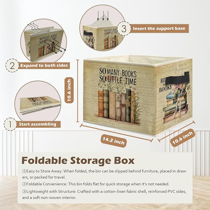 Vintage Floral Bookish Storage Box Bins, So Many Books So Little Time Collapsible Storage Basket Organizer for Reading Room Corner Nook Library Girls Bedroom Home Clothes Books