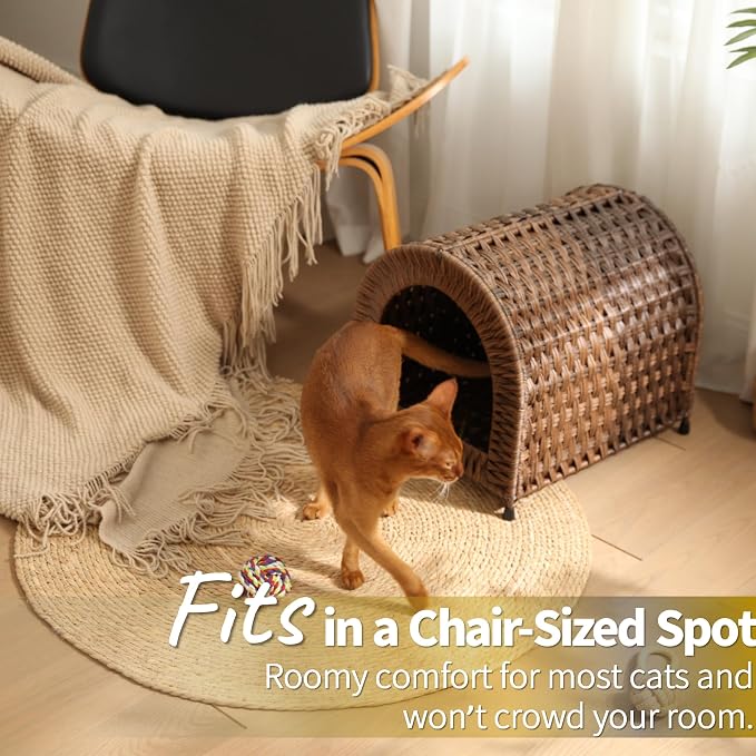 Handwoven Wicker Cat Bed for Cats up to 20 lb, 14.2" H × 14.2" W × 16.5" D | Dome shaped hideaway for cats to feel safe. Woven wicker and raised base for airflow. Natural furniture look. Rinse clean.
