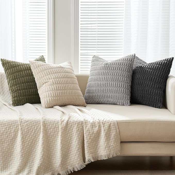MIULEE Pack of 4 Corduroy Throw Pillow Covers 18x18 Inch Grey and Olive | Neutral Rustic Farmhouse Boho Soft Striped Pillow Covers,Home Decor for Sofa,Living Room,Couch,Bed