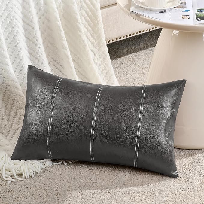 Fancy Homi Dark Gray Long Lumbar Faux Leather Decorative Throw Pillow Covers 12x24 Inch for Outdoor Couch Bed, Modern Farmhouse Boho Home Decor, Charcoal Gray Hand Stitched Cushion Case 30x60 cm